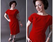 Vintage 1950s Dress - Little Red Dress in Rich Ruby Velveteen
