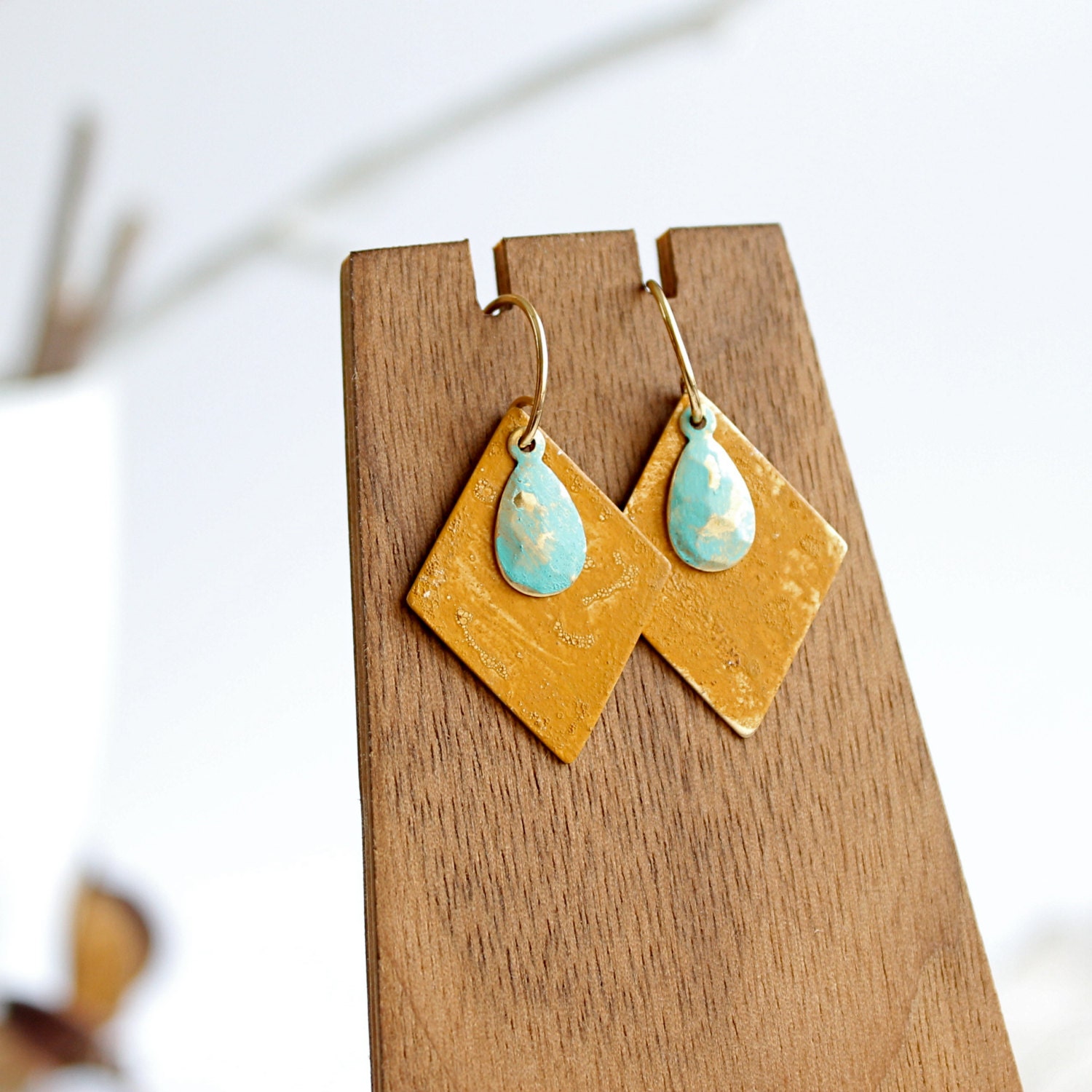Mustard Verdigris Brass Diamond Teardrop -Patina Earrings - No. 2 - Handmade Jewellery