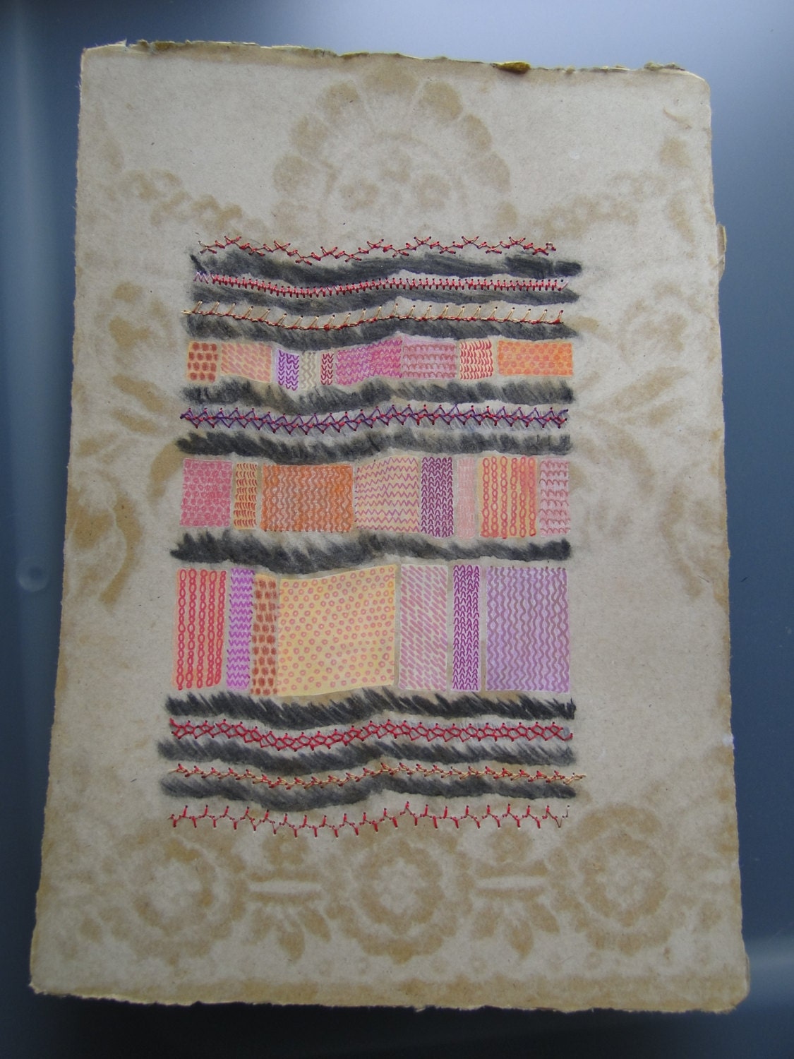 mixed media original, art, patterns, handmade paper, nightcloud, watermarked, sewn, sewn fields, textile, relief, one of a kind