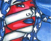 4th of july All American Girl usa flag patriot original aceo mini art trading card