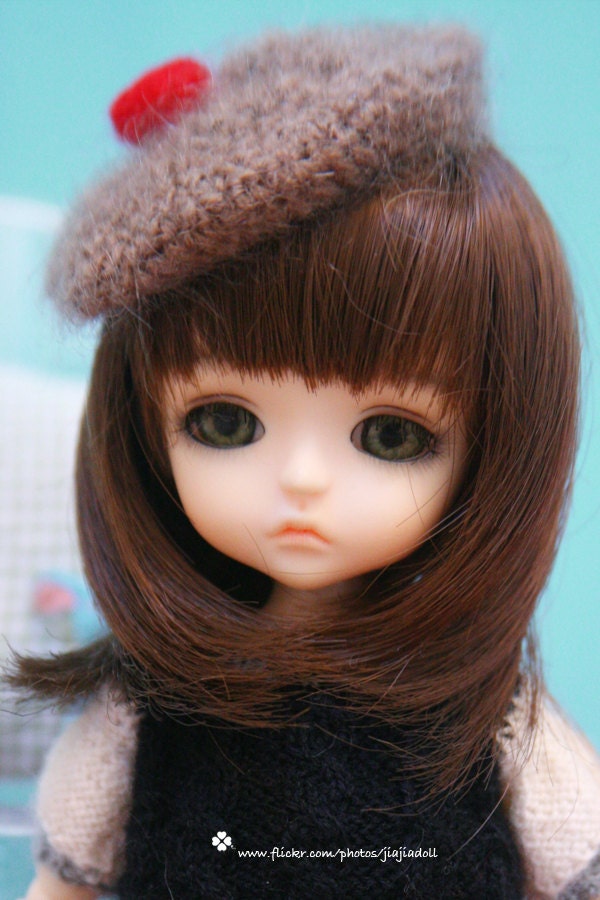 Jiajiadoll- hand knitting-light brown mohair beret pompom hat fits lati yellow pukifee