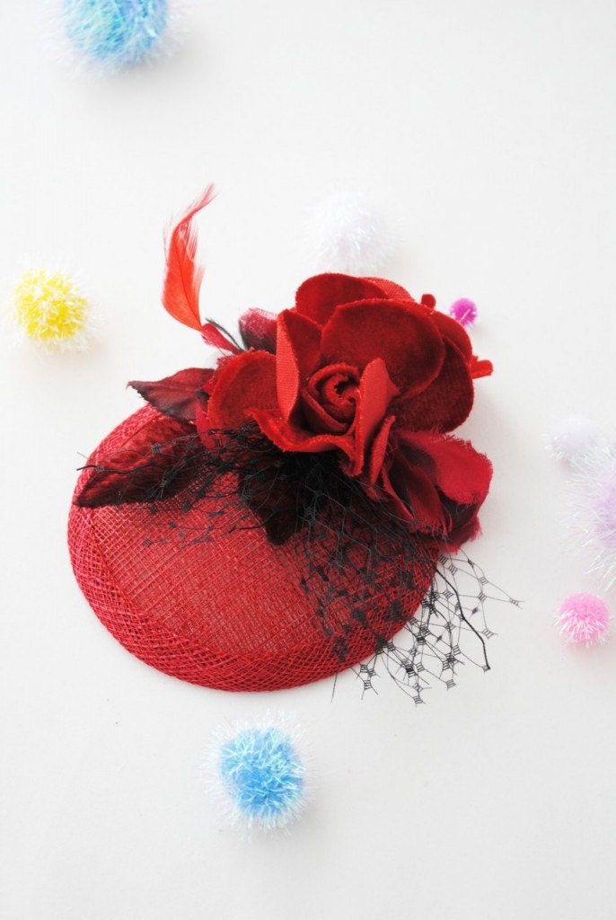 Red Bridesmaid Mini Hat, Bridesmaid Fascinator, Bridal Hair Piece, Wedding Headpiece, Velvet Flower Hair Clip, Ships in 1 Month
