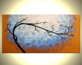 Large Original Abstract Tree Painting, TEXTURED Blue Gold Metallic, 2x4ft Abstract Tree, 24x48 by Artist Dan Lafferty