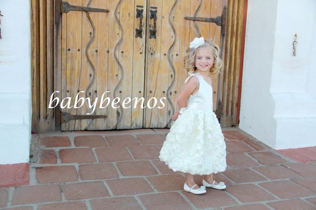 Flower Girl Dress - Coming up Roses - Rosette dress One Shoulder Bodice - Made to Order - Color Choices - Girls Sizes - 5, 6, 7, 8