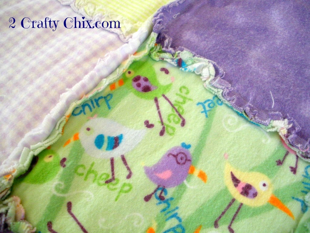 Little Birds in Lavender and Green Flannel Rag Edge Quilt Blanket