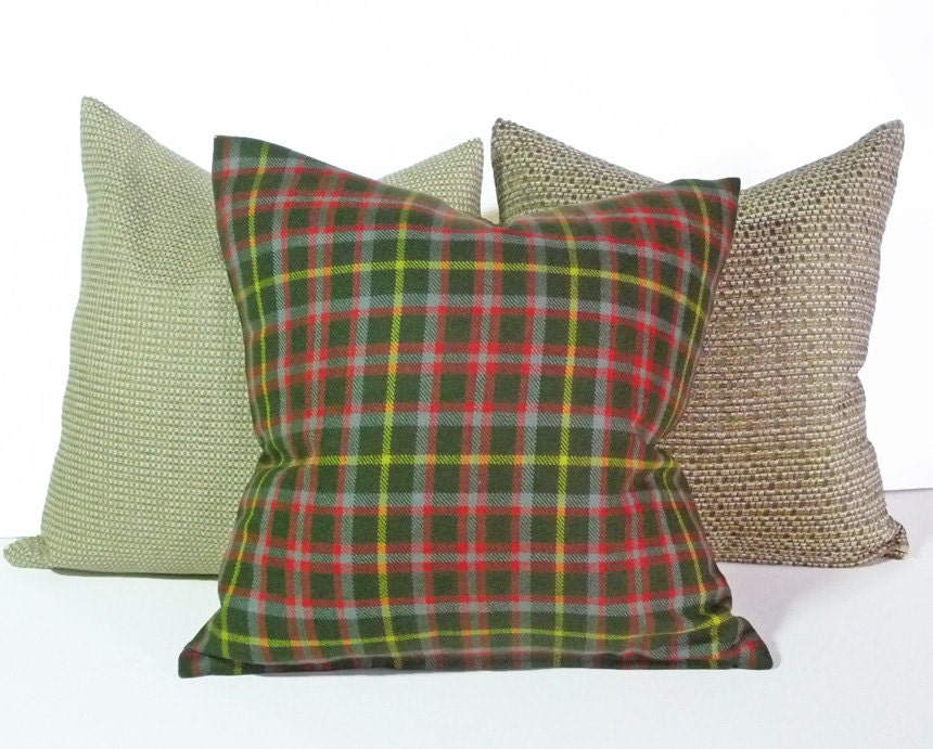 Green Plaid Pillows, Rustic Throw Cushion Covers, Avocado Red Yellow Grey, NEW, Country Lodge, Cabin, Fall Winter Home Decor 18x18