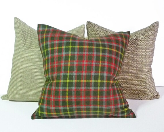 Green Plaid Pillows Rustic Throw Cushion by PillowThrowDecor