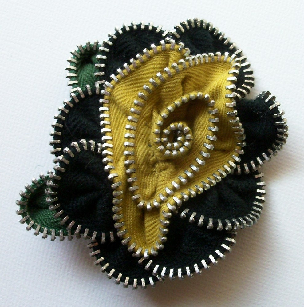 Black and Mustard Gold  Floral Brooch / Zipper Pin by ZipPinning 2235