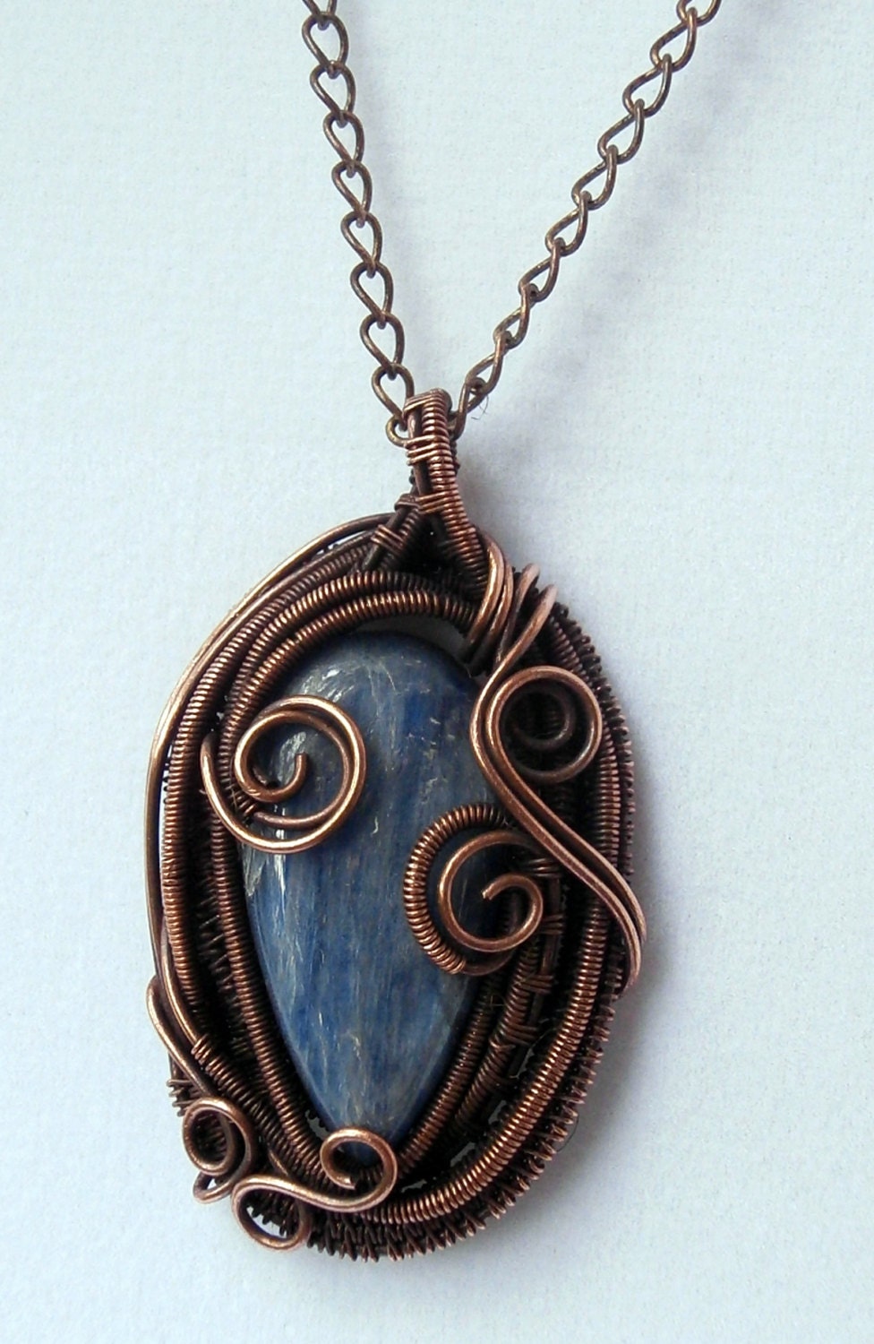 Wire Wrapped Silver Blue Kyanite Teardrop Pendant Necklace in Copper
