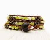 Yellow Jade Pyrite Eco Friendly Leather Wrap Bracelet / Lemon Jade Fools Gold Bohemian Triple Wrap Bracelet / Bright Yellow Golden Sun Color
