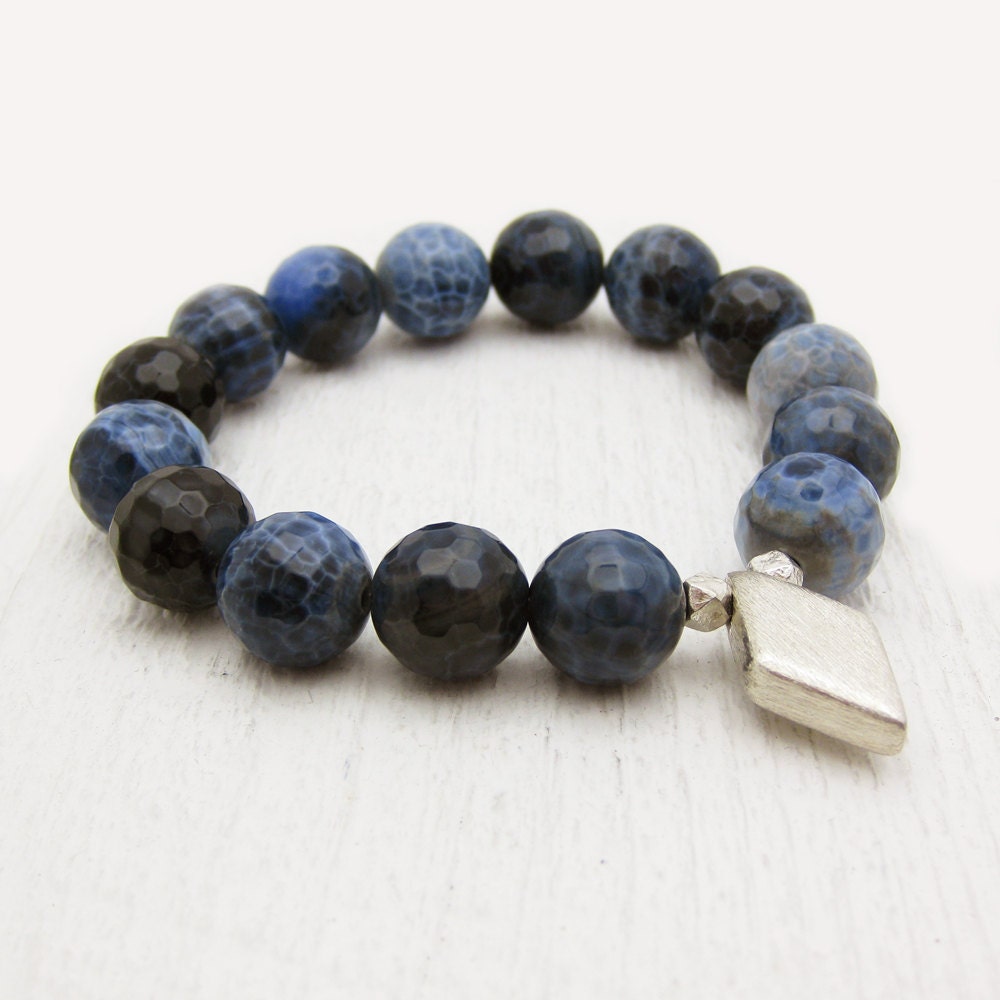 Blue Denim Agate Bead Bracelet with Diamond Brushed Sterling Silver / Deep Light Blue Jeans Fire Agate Stacking Bracelet/ Bohemian Earthy