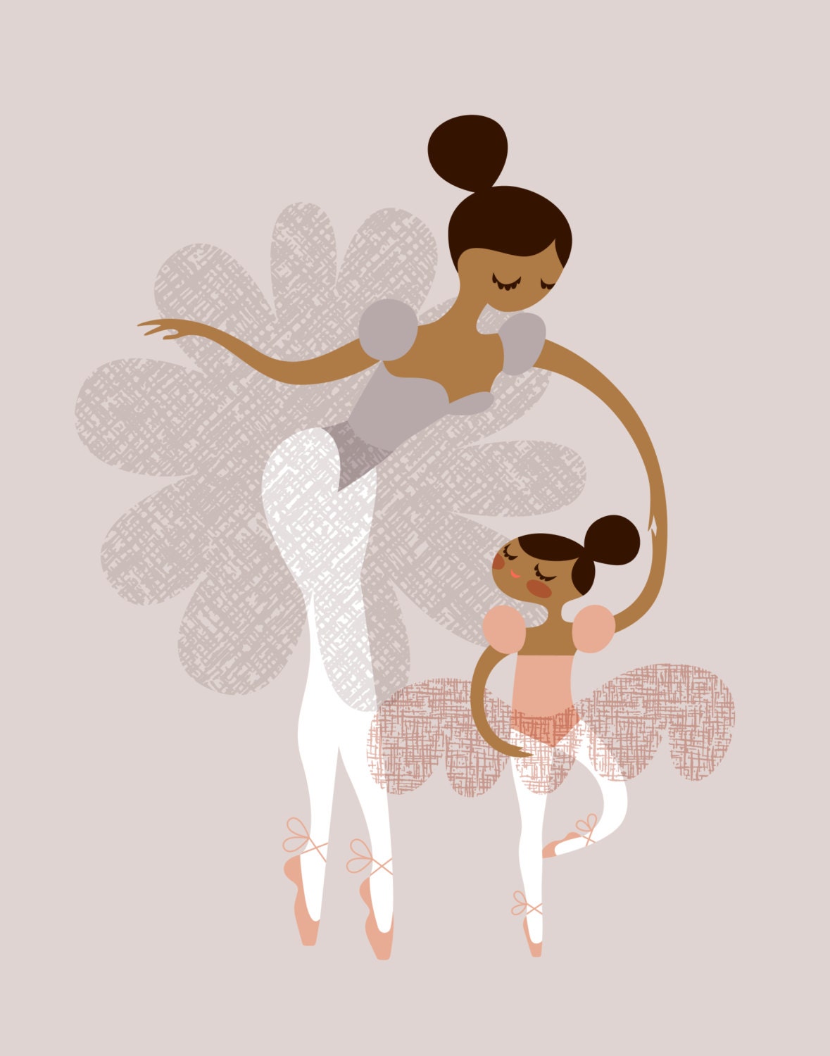 ballerina mother and daughter / sisters. mocha skin tone. pink, gray, lavender. 11X14