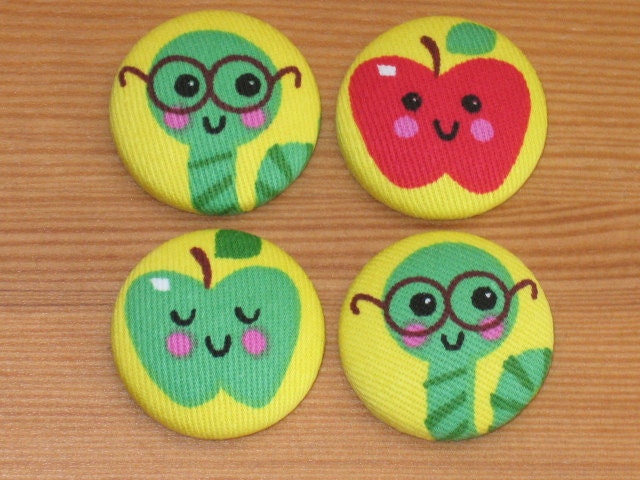 4 Apple & Bookworm Handmade Fabric Buttons...Great for use on Teacher and Librarian Cards