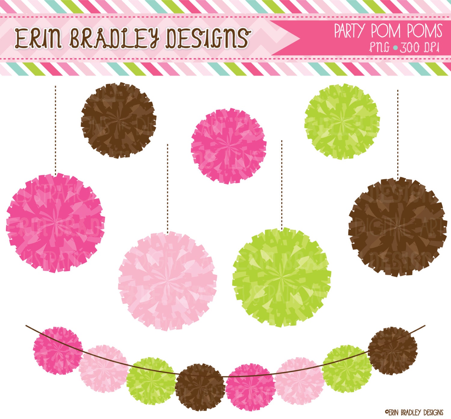 Preppy Pom Pom Garland Clipart Commercial Use Digital Clip Art Graphics Il_570xn