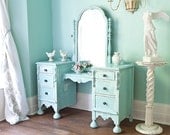 antique vanity shabby chic aqua blue distressed dressing make up table light turquoise beach coastal cottage