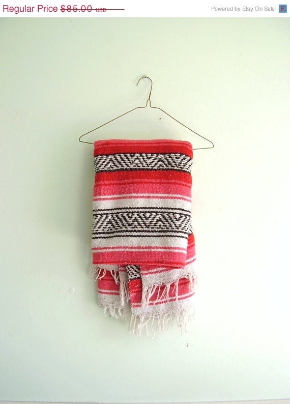 25% OFF . . . Red and Pink Striped Tribal Mexican Southwestern Falsa Throw Blanket TWIN Bedspread Vintage 90s