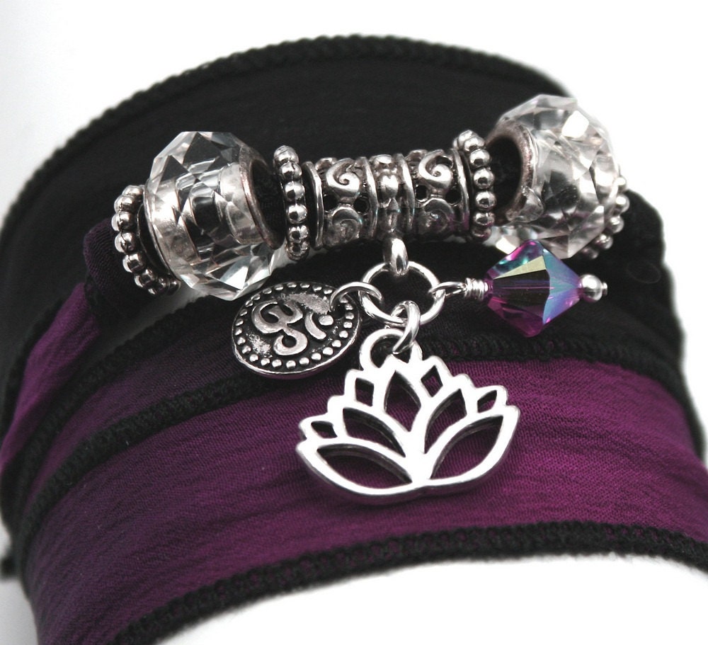 Chloe Silk Wrap Bracelet with Lotus and Mini Om Disc
