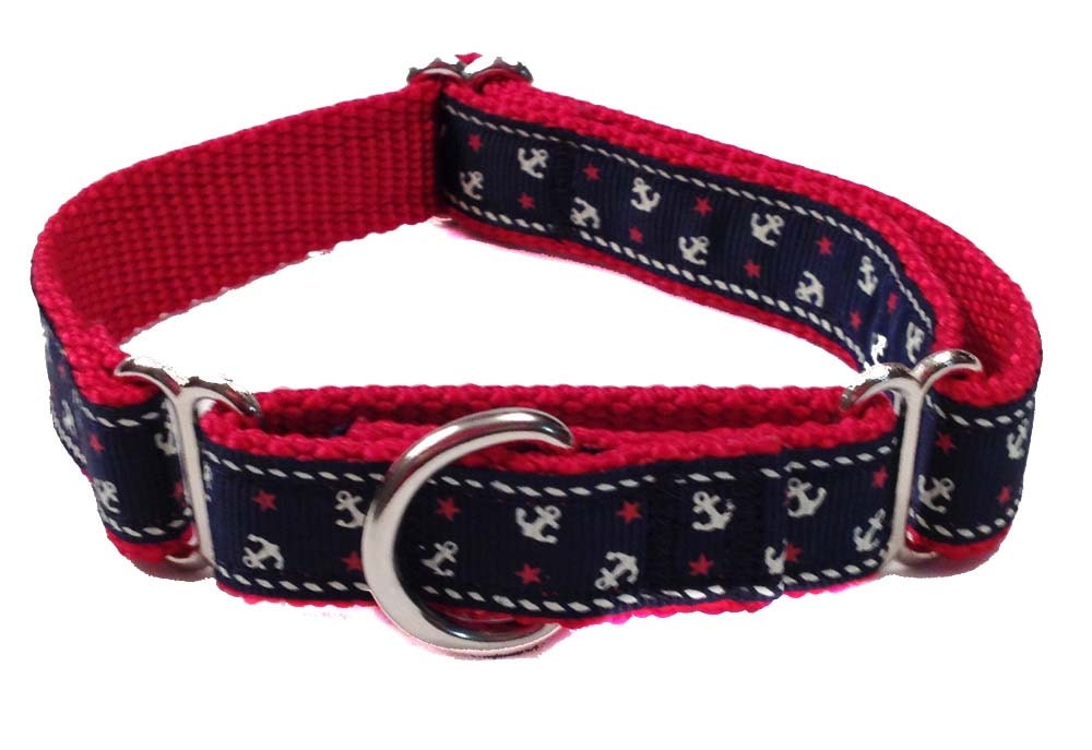 Nautical Small Martingale Dog Collar - 3/4" Navy Anchor Martingale