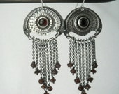 garnet dangle earrings, sterling silver, boho jewelry, gypsy, tribal, red, january birthstone