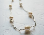 Long White Freshwater Pearl Necklace, Sterling Silver Chain, Wire Wrapped, Rice Pearl, Contemporary, Station, Bridal, Bride, June
