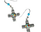 Zuni-style gem inlay sterling silver Southwest cross earrings