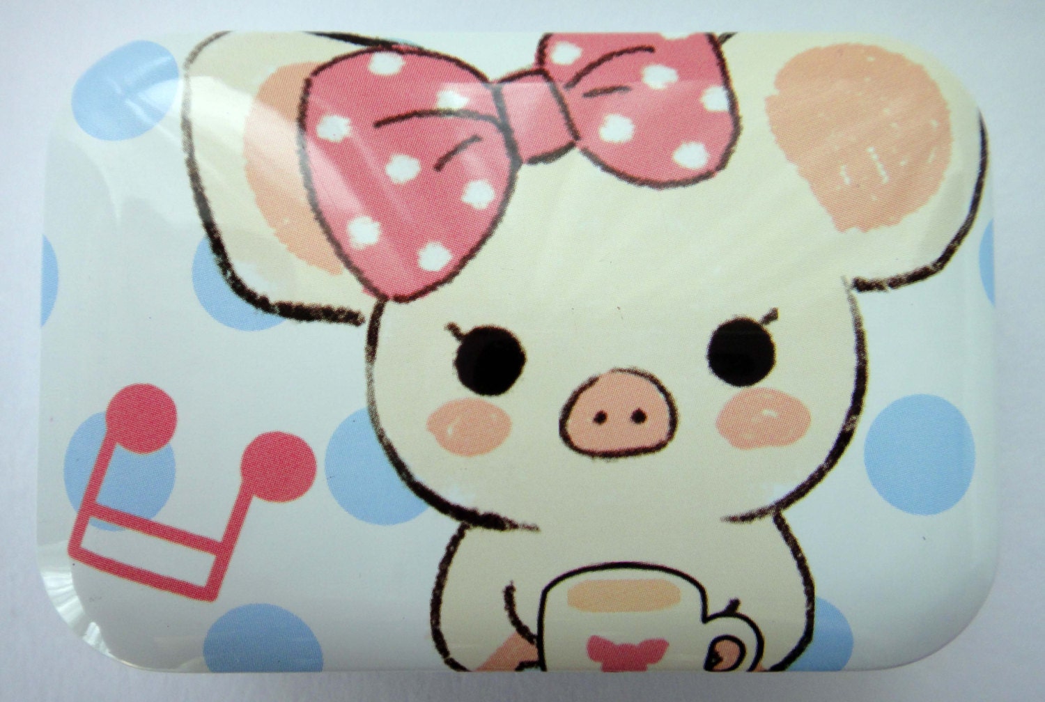 Cute Ribbon Pig Holding A Mug White Polka Dot Gift Tin
