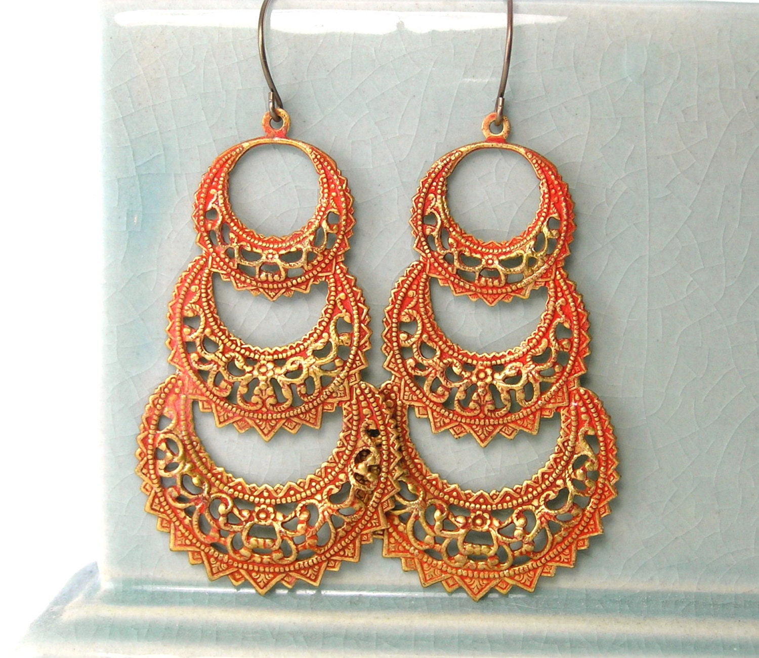 Orange Lace Earrings, Filigree Chandelier Earrings,, Metal Jewelry, Orange Jewelry