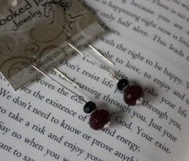Handmade Cherry Quartz and Onyx  Earrings with Sterling Silver "Drama Queen"