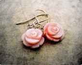 Mother of Pearl carved rose flower earrings, Light pink flower earrings, sterling silver dangle earrings