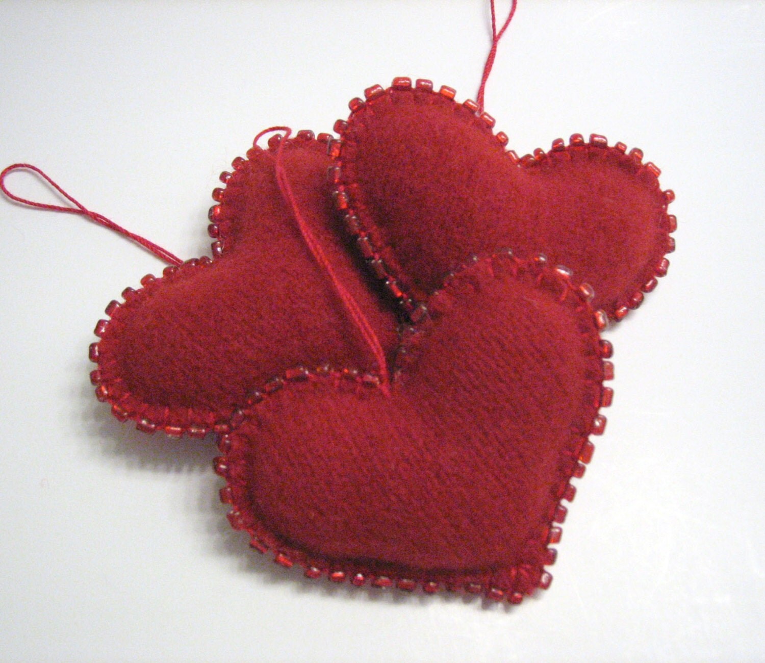Trio of Red Beaded Heart Valentine Decoration Ornaments Handmade from Wool Felt (no.269)