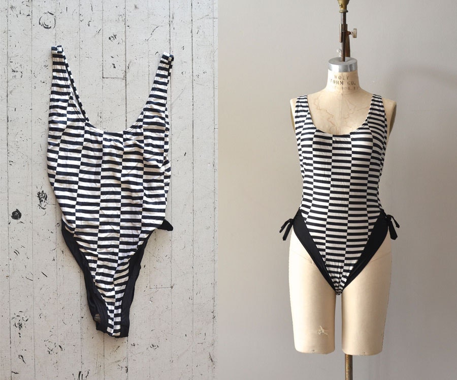 vintage 1980s swimsuit / striped bathing suit / French Girl swimsuit