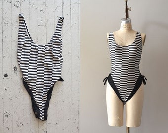 vintage 1980s swimsuit / striped bathing suit / French Girl swimsuit