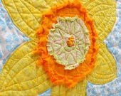 Jonquil wall art quilt in yellow and orange on blue and white- daffodil, spring, appliqued flower, READY TO SHIP