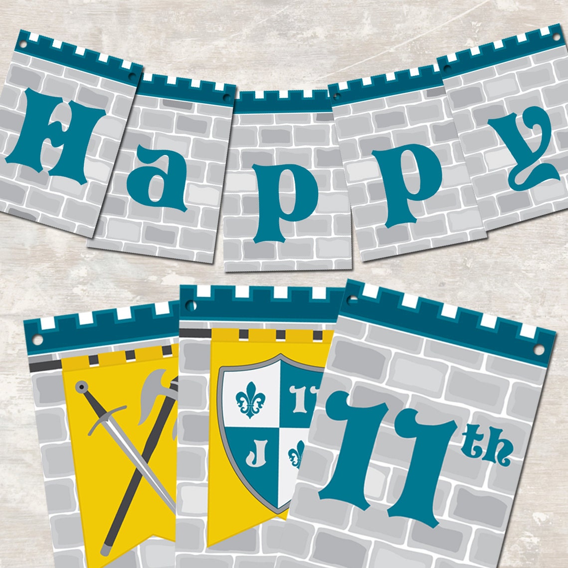 Medieval Knights Castle Dragon Birthday Party Pennant Banner ("Happy 1st Birthday") PRINT & SHIP Il_570xn