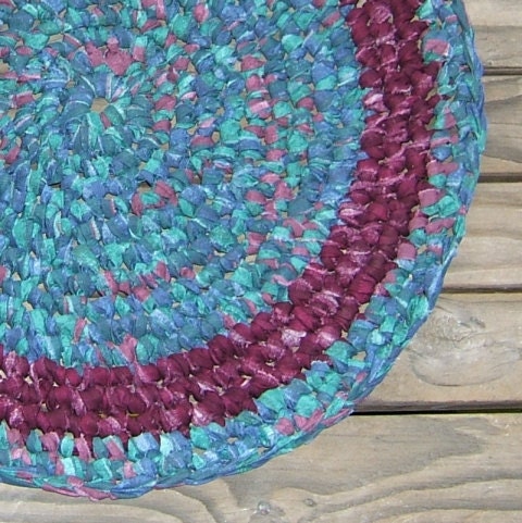 Burgundy Navy Green Crocheted Rag Rug OOAK Upcycled Materials 24" across Hand made