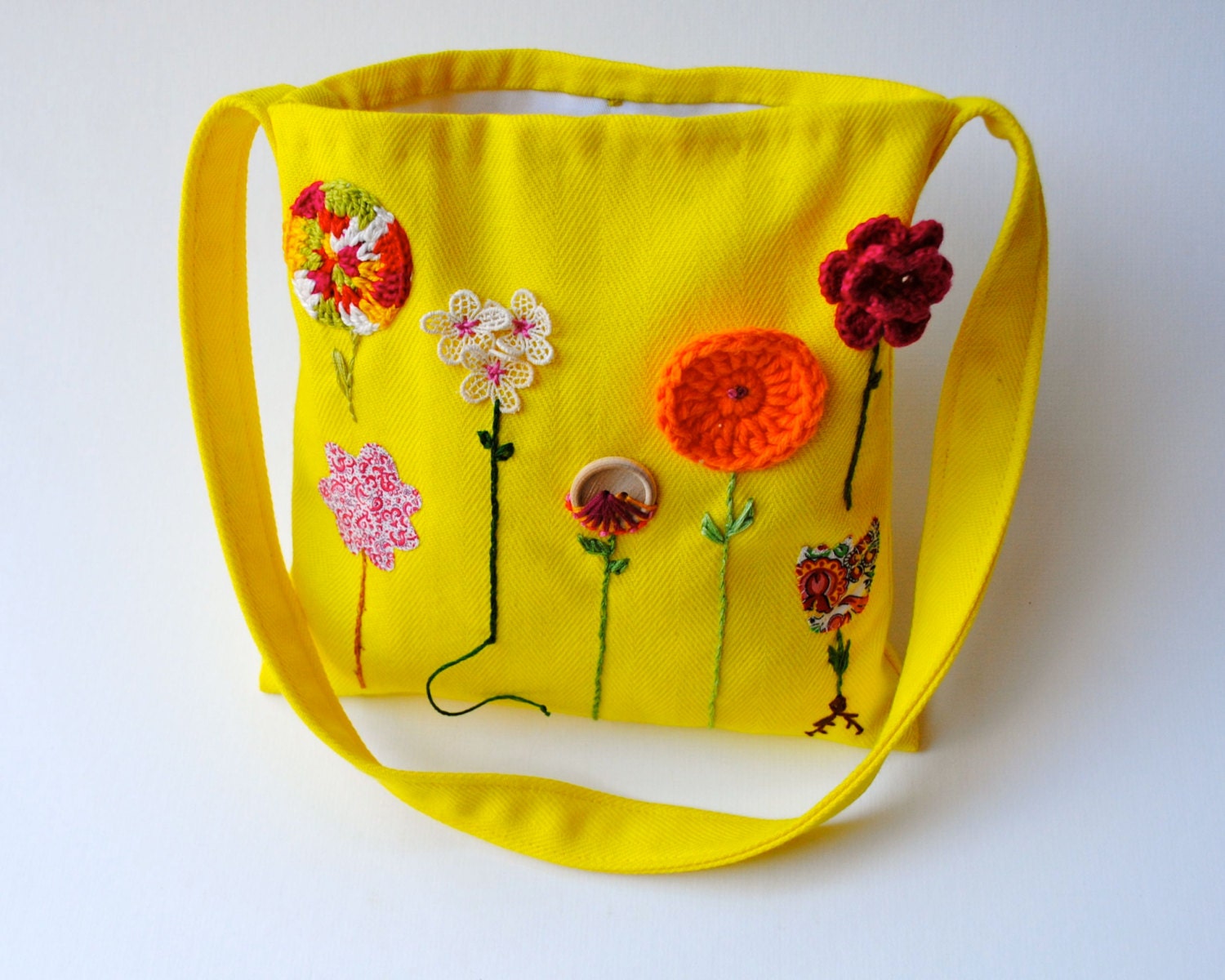 Organic Kids Messenger Bag - Embroidered Garden Flowers Cross Body Purse in Lemon Yellow (Ready to Ship)