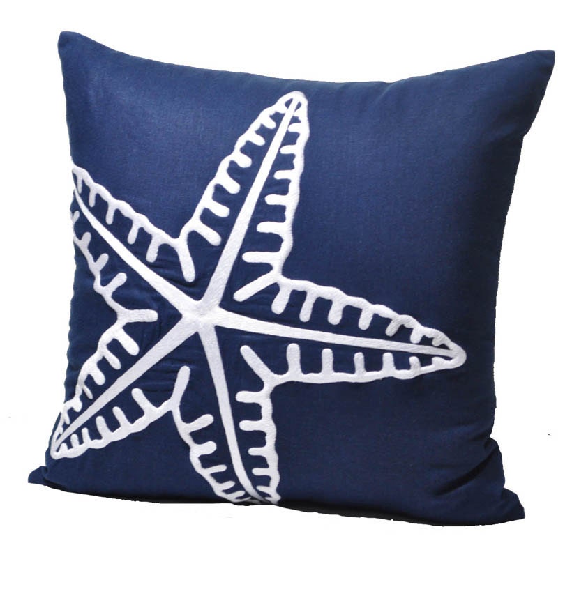 Modern Starfish Pillow Cover, Navy Blue Linen with White Starfish, Decorative Throw Pillow, Pillow Case 18" x 18", Beach Cottage Cushion