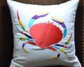 Summer Crab Decorative Pillow 18 x 18, White Linen with Colorful Crab Embroidery, Beach Pillow, Cottage Pillow, Couch Pillow