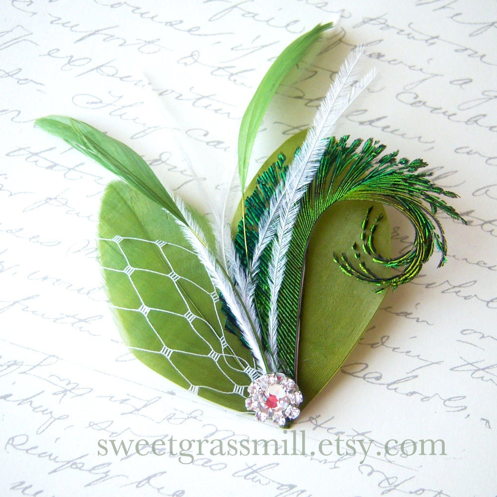 Feather Fascinator - VIVE MOSS - Moss Green Fern Olive Peacock White Ostrich Feathers - Choose Hair Clip or Brooch