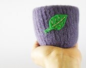 felted bowl -  lavender purple wool bowl with bright green leaf -  spring decoration, gifts for gardeners, nature inspired