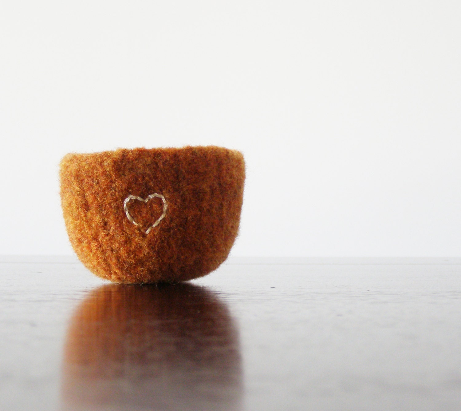 little pumpkin orange wool bowl with embroidered white heart - ring holder, container, air plant cozy, desk organizer