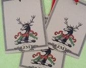 Personalized Christmas Gift Tags , Deer, Stag, Elk  Supplies Set 18 Kraft Tags, Vintage Inspired Holiday Hand Colored Gift Wrapping Tags