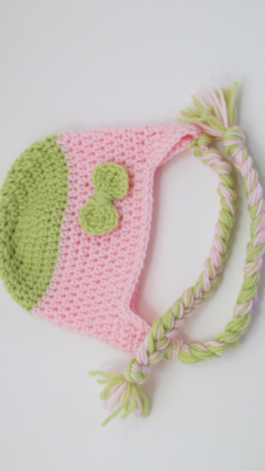 Earflap Hat Beanie with Braids and Bow Size 14"  Pink and Green Ready to Ship Direct Checkout