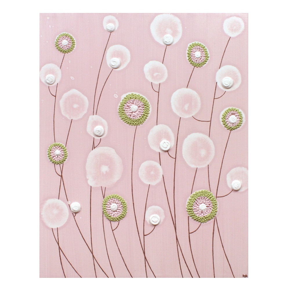 Pink Nursery Art - Textured Flower Painting - Canvas Art 16X20 Small - Pink and Green Decor - IN STOCK