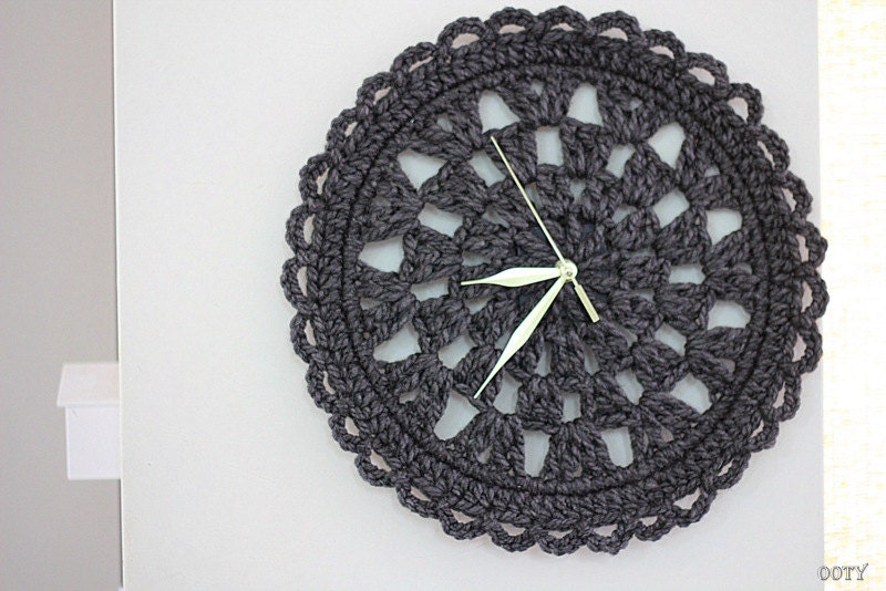 clock dark gray chrochet doily clock for home, round clock, home decor