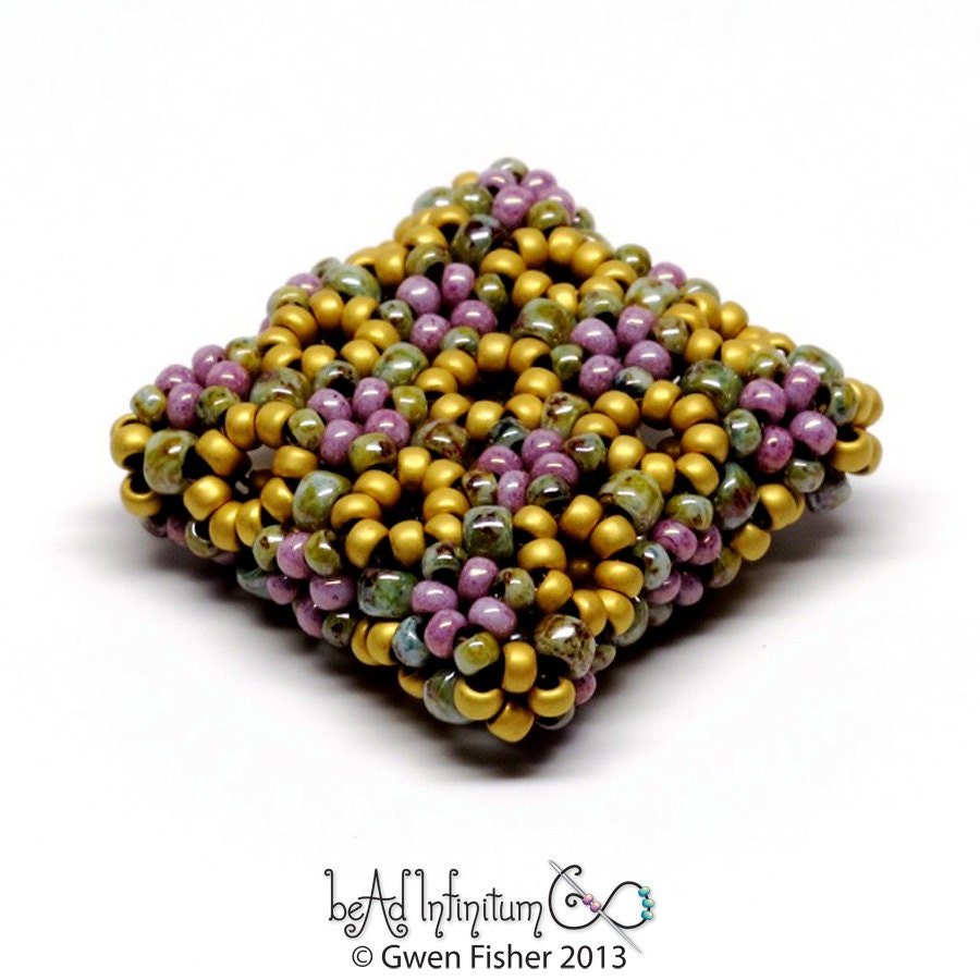 Pillow Pendant with Picknic Bead Weaving in Pink Green Gold