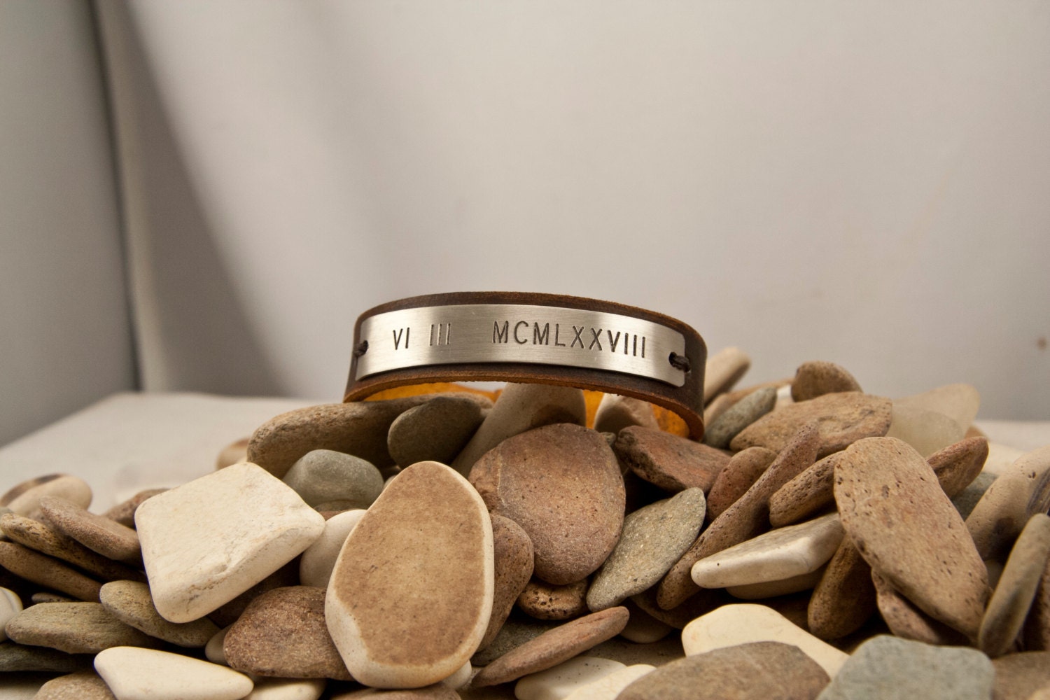 Leather bracelet cuff, handmade, roman numerals date 1/2 inch cuff, hand stamped