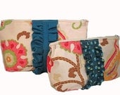 Set of Two Zipper Pouches with Ruffle - Handmade Cosmetics Bags, Travel Accessories, Make up Bags