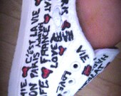 White Sneakers Redesigned Recycled ParisianFashion Inspired Tennis Shoes In Black and White and Red French and Loves expressions design Sz 6