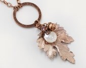 Handmade Jewelry Necklace copper REAL leaf acorn charm genuine pearl amethyst purple Swarovski crystal filigree pendant women Gift R1022